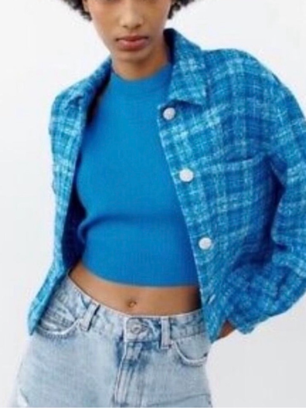 Zara Textured Blue Tweed Cropped Jacket